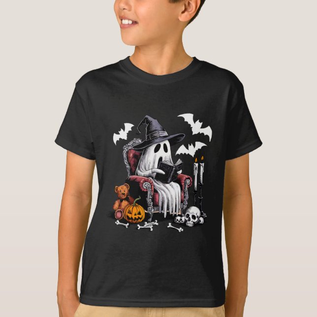 Cute Ghost Bokar Halloween Teacher Ghost Reading L T Shirt (Framsida)