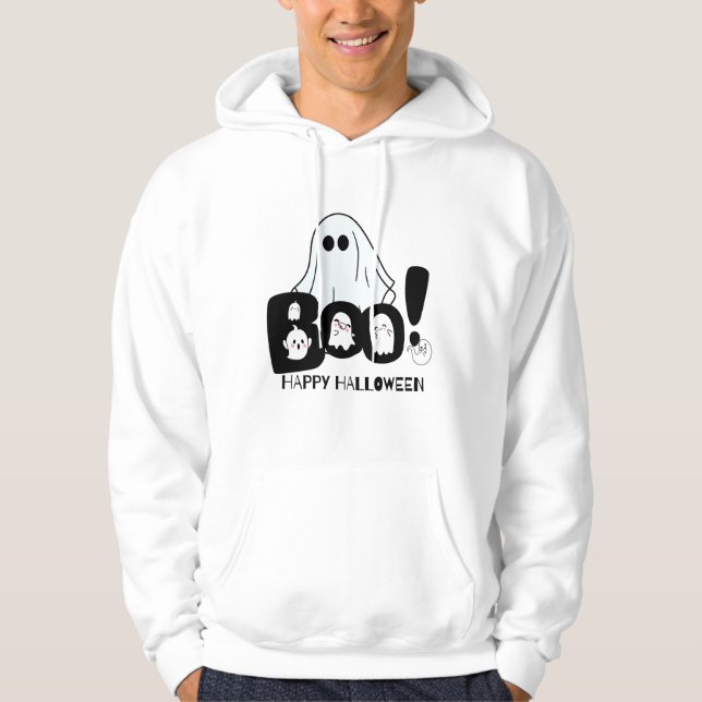 Cute Ghost Boo and Happy Halloween Cartoon Design Hoodie (Framsida)