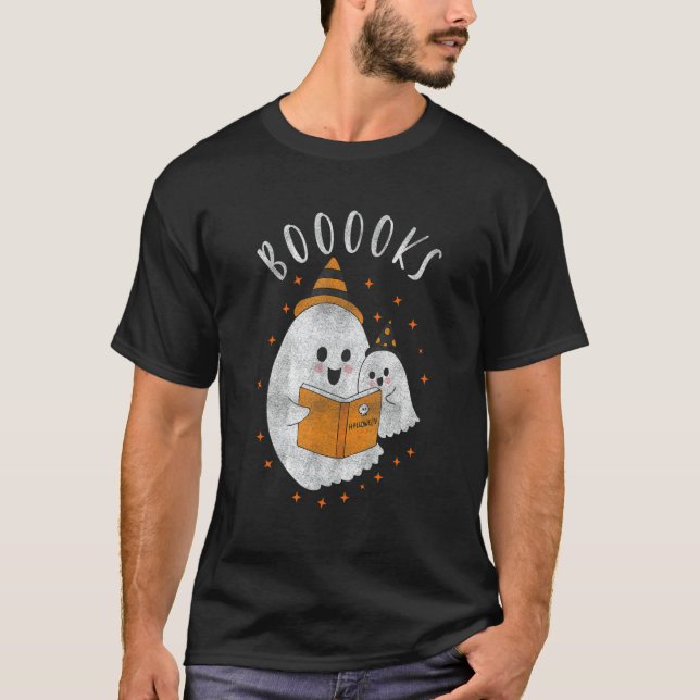 Cute Ghost Book Reading Teacher School  Halloween  T Shirt (Framsida)