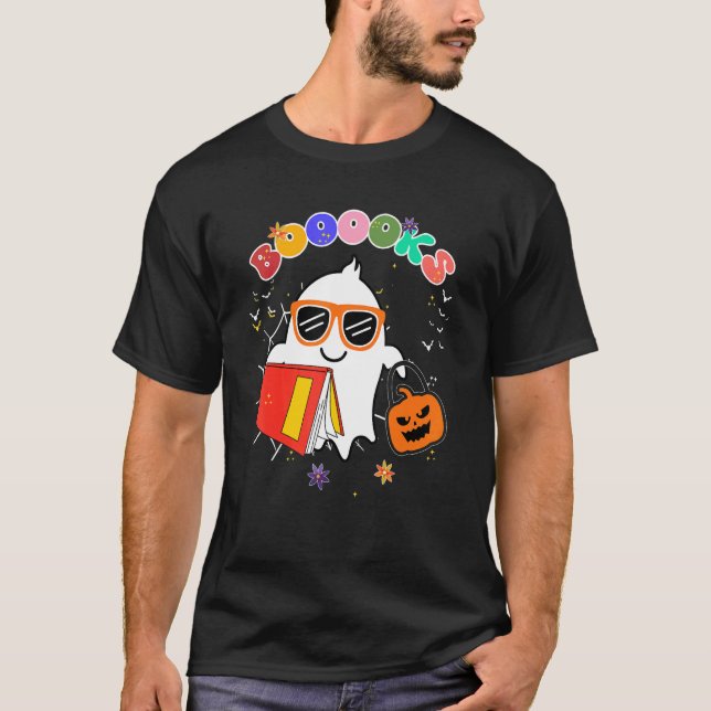 Cute Ghost Book Reading Teacher School  Halloween  T Shirt (Framsida)