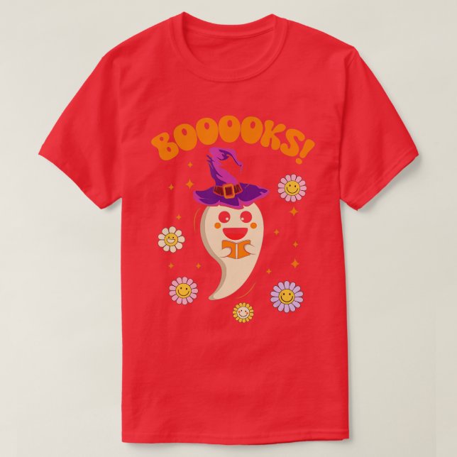 Cute Ghost Boooks Reading Bibliotek Bokar Hallowee T Shirt (Design framsida)