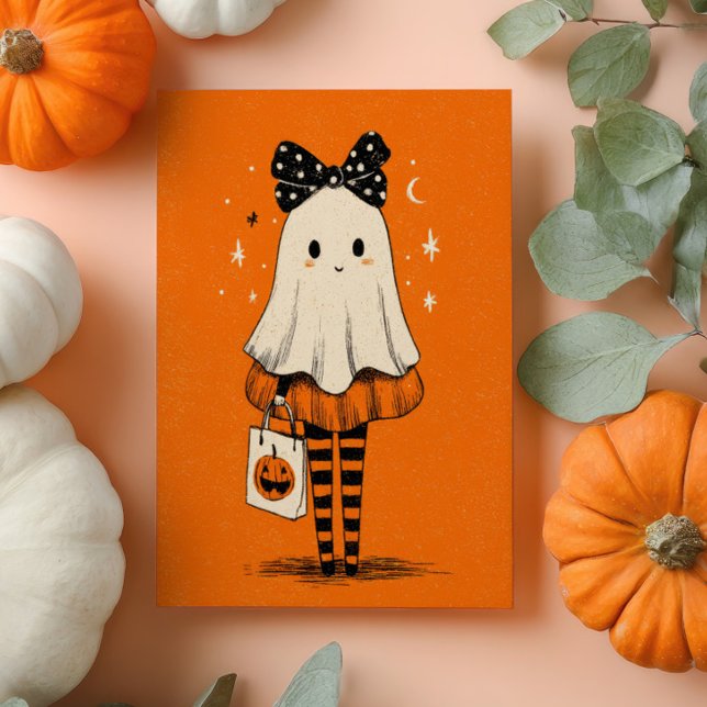 Cute Ghost Bus eller godis Burnt Orange Halloween Kort (Skapare uppladdad)