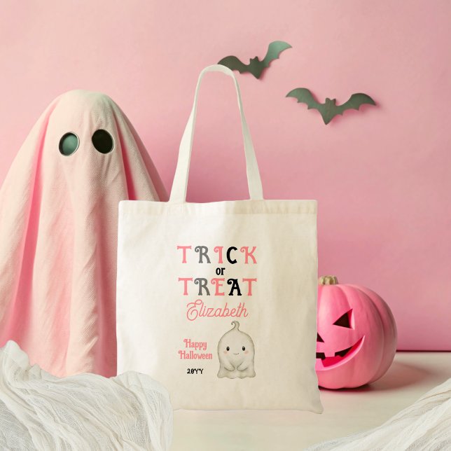 Cute Ghost Bus eller godis Halloween Tygkasse (Cute Rosy-Cheeked Ghost Pink, Black and Gray Trick or Treat Halloween Tote Bag)