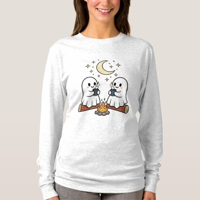Cute Ghost Campfire Mysigt Halloween Långärmad Tee (Framsida)