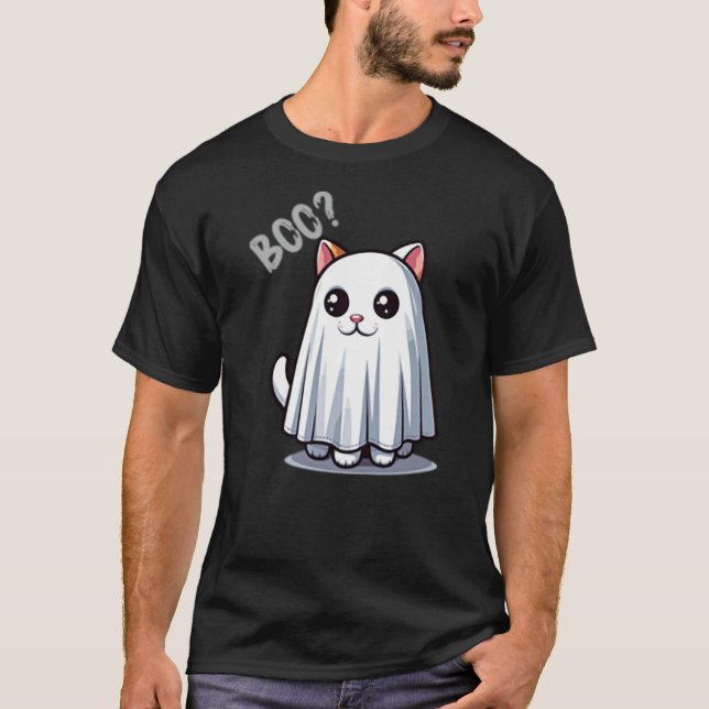 Cute Ghost Cat Boo Halloween Kawaii Minimalist T Shirt (Framsida)