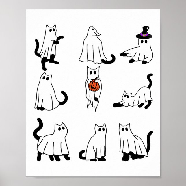 Cute Ghost Cat Funny Halloween Outfit Costumes Bla Poster (Framsidan)