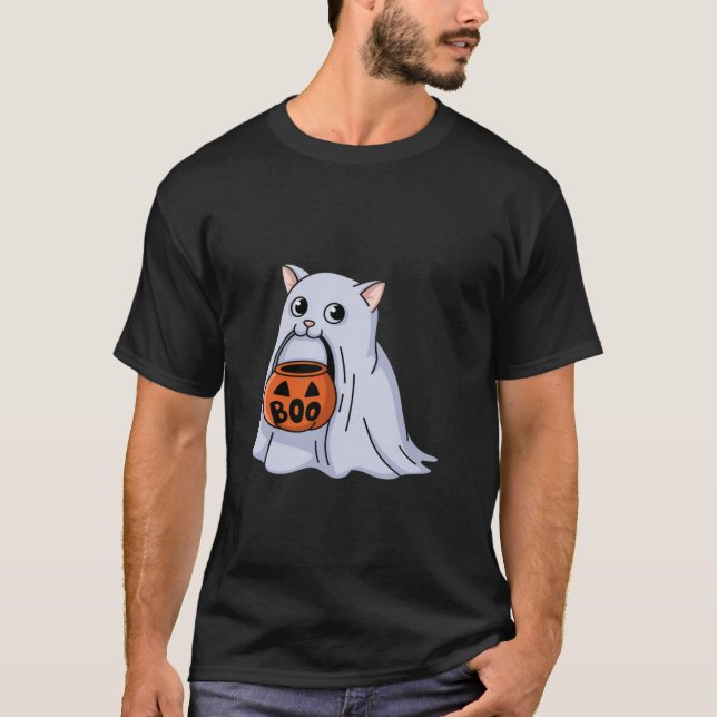 Cute Ghost Cat Halloween Boo T Shirt (Framsida)