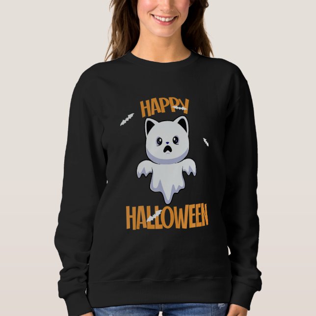 Cute Ghost Cat Halloween Cat  Spooky Season T Shirt (Framsida)