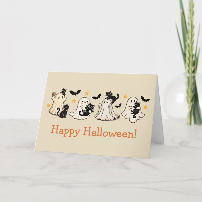Cute Ghost & Cat Halloween Greeting Card Kort (Framsida)