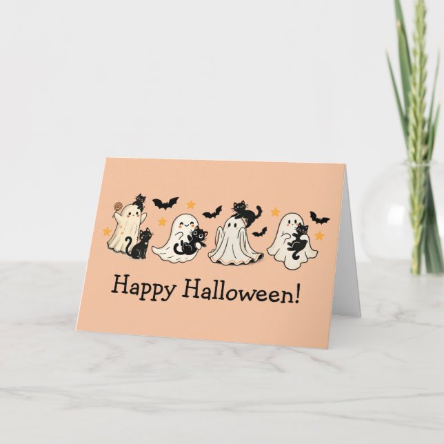 Cute Ghost & Cat Halloween Greeting Card Kort (Framsida)