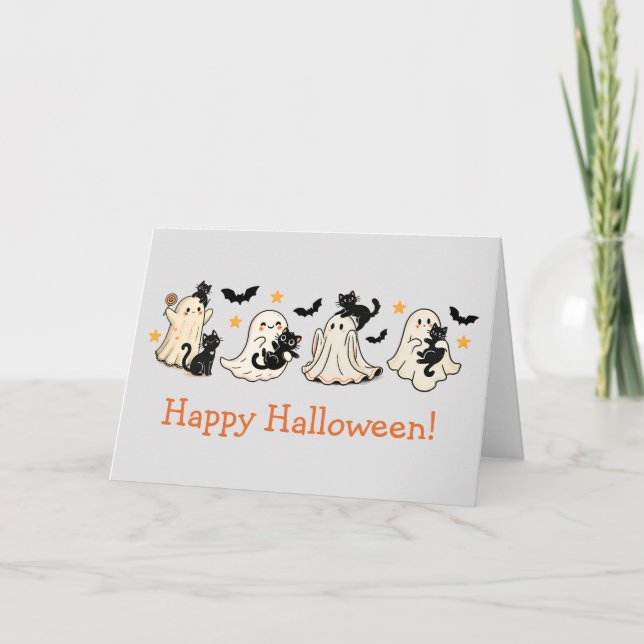 Cute Ghost & Cat Halloween Greeting Card Kort (Framsida)