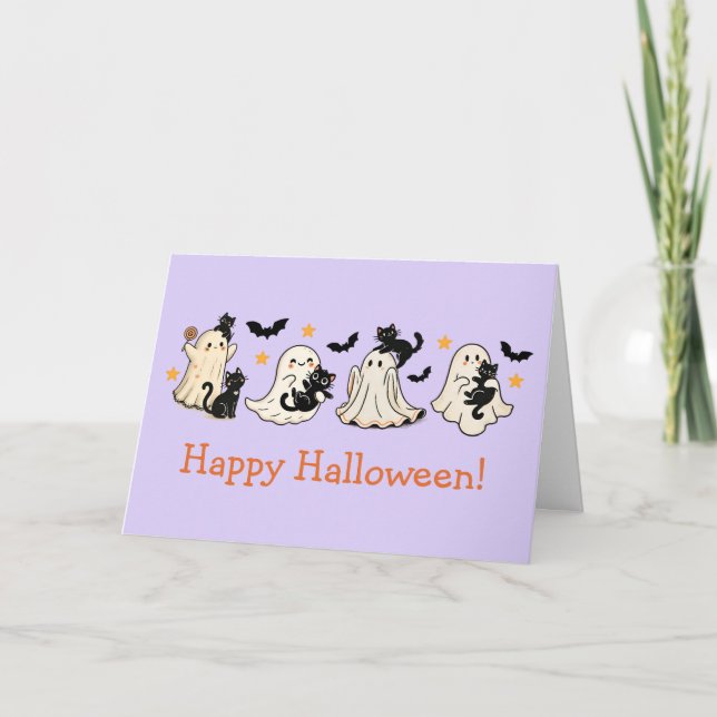 Cute Ghost & Cat Halloween Greeting Card Kort (Framsida)