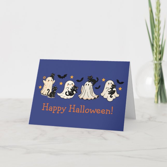 Cute Ghost & Cat Halloween Greeting Card Kort (Framsida)
