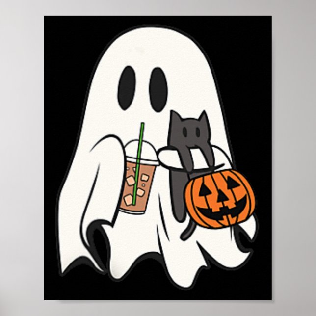 Cute Ghost Cat Iced Coffee Spooky Season Halloween Poster (Framsidan)