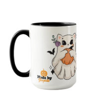 Cute Ghost Cat med Pumpkin | Spooky Halloween Mugg