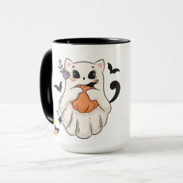 Cute Ghost Cat med Pumpkin | Spooky Halloween Mugg