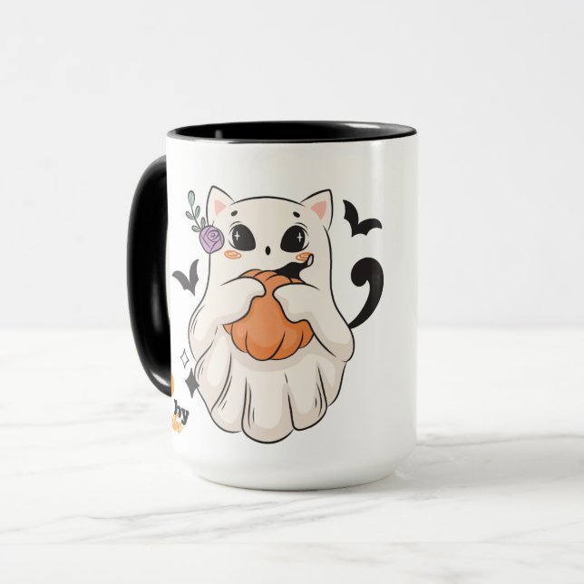 Cute Ghost Cat med Pumpkin | Spooky Halloween Mugg (Framsida vänster)