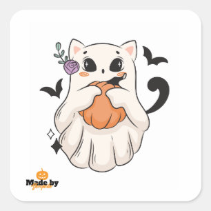 Cute Ghost Cat med Pumpkin Spooky Halloween Mugg Fyrkantigt Klistermärke