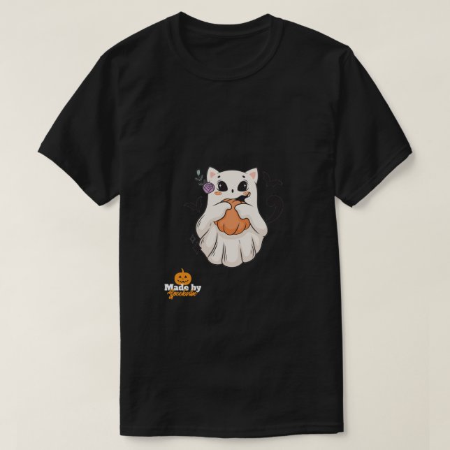 Cute Ghost Cat med Pumpkin | Spooky Halloween Mugg T Shirt (Design framsida)