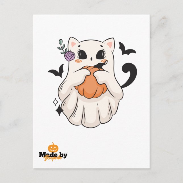 Cute Ghost Cat med Pumpkin | Spooky Halloween Mugg Vykort (Framsida)