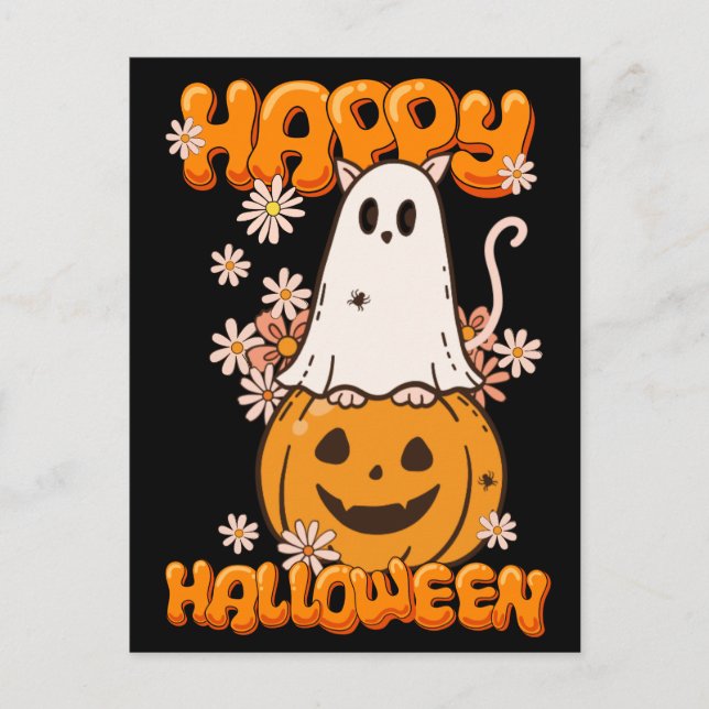 Cute Ghost Cat Pumpkin Flowers Happy halloween Helg Vykort (Framsida)