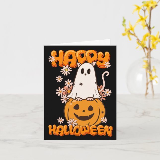 Cute Ghost Cat Pumpkin Flowers Happy halloween Kort (Gul blomma)