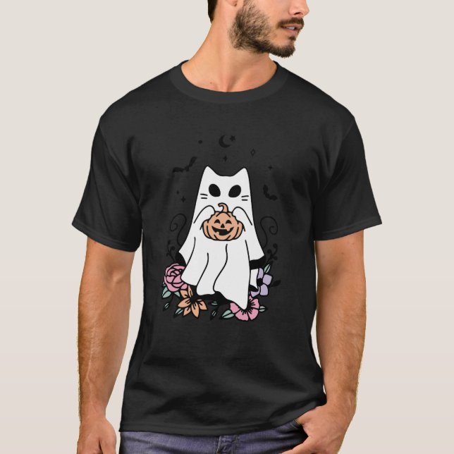 Cute Ghost Cat Pumpkin Halloween Costume Manar Wom T Shirt (Framsida)