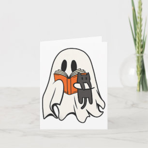 Cute Ghost Cat Reading Bok Spooky Season Hallowee Kort
