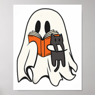 Cute Ghost Cat Reading Bok Spooky Season Hallowee Poster
