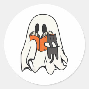 Cute Ghost Cat Reading Bok Spooky Season Hallowee Runt Klistermärke