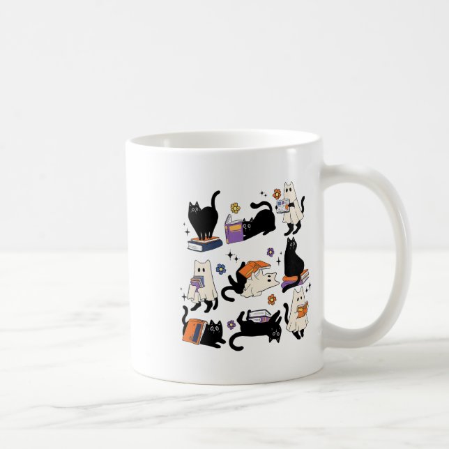 Cute Ghost Cat Reading Bokar Älskare Bookish Halld Kaffemugg (Höger)