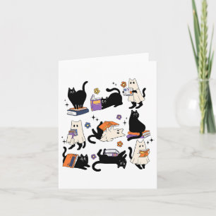 Cute Ghost Cat Reading Bokar Älskare Bookish Halld Kort