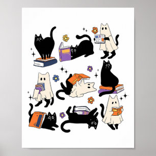 Cute Ghost Cat Reading Bokar Älskare Bookish Halld Poster