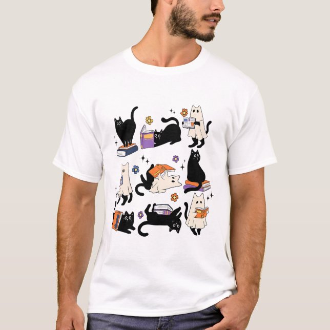 Cute Ghost Cat Reading Bokar Älskare Bookish Halld T Shirt (Framsida)