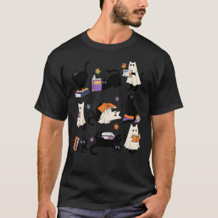 Cute Ghost Cat Reading Bokar Älskare Bookish Halld T Shirt