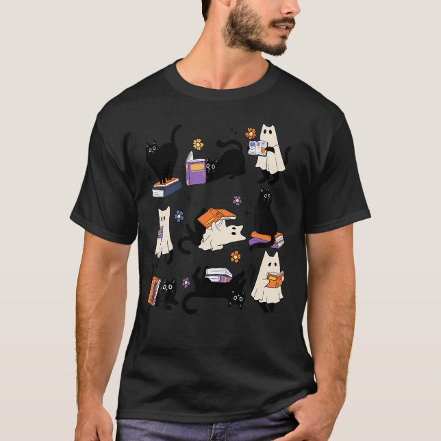 Cute Ghost Cat Reading Bokar Älskare Bookish Halld T Shirt (Framsida)