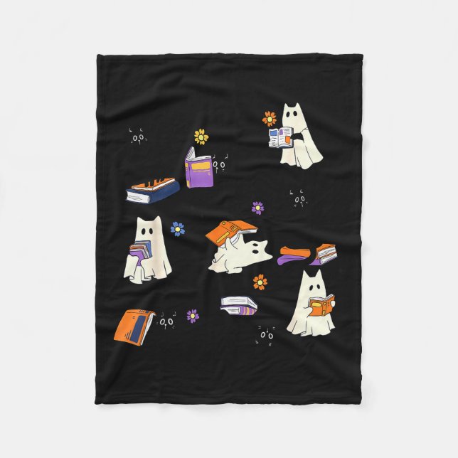 Cute Ghost Cat Reading Books Lover Bookish Hallowe Fleecefilt (Framsidan)