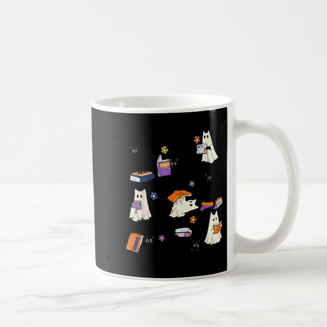 Cute Ghost Cat Reading Books Lover Bookish Hallowe Kaffemugg (Höger)