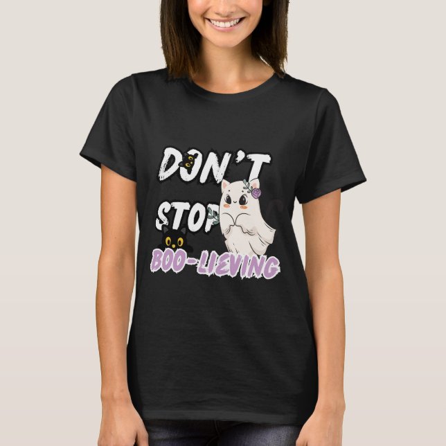 Cute Ghost Cat "Stop't Boo-living" Halloween T Shirt (Framsida)