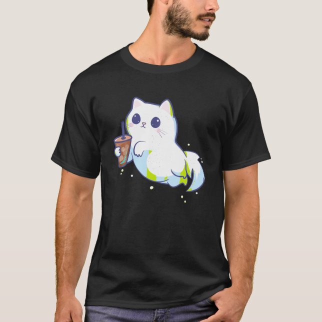 Cute Ghost cat with Iced Coffee FUNNT Shirt T (Framsida)