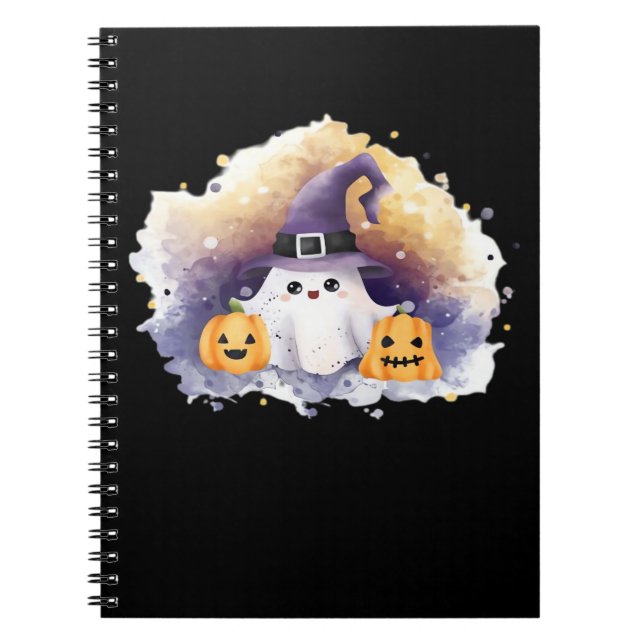 Cute Ghost Cat with Pumpkins - Kawaii Halloween Ar Anteckningsbok (Framsidan)