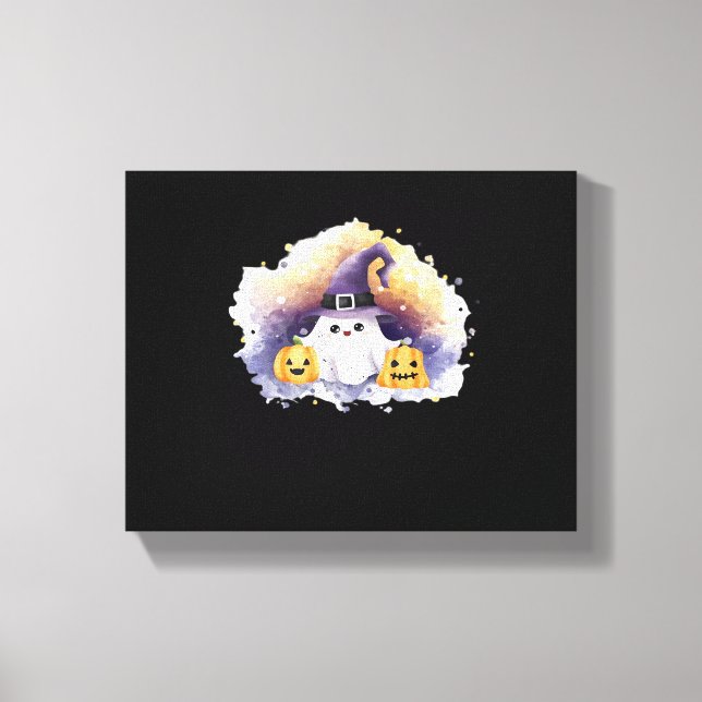 Cute Ghost Cat with Pumpkins - Kawaii Halloween Ar Canvastryck (Framsida)