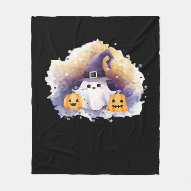 Cute Ghost Cat with Pumpkins - Kawaii Halloween Ar Fleecefilt (Framsidan)