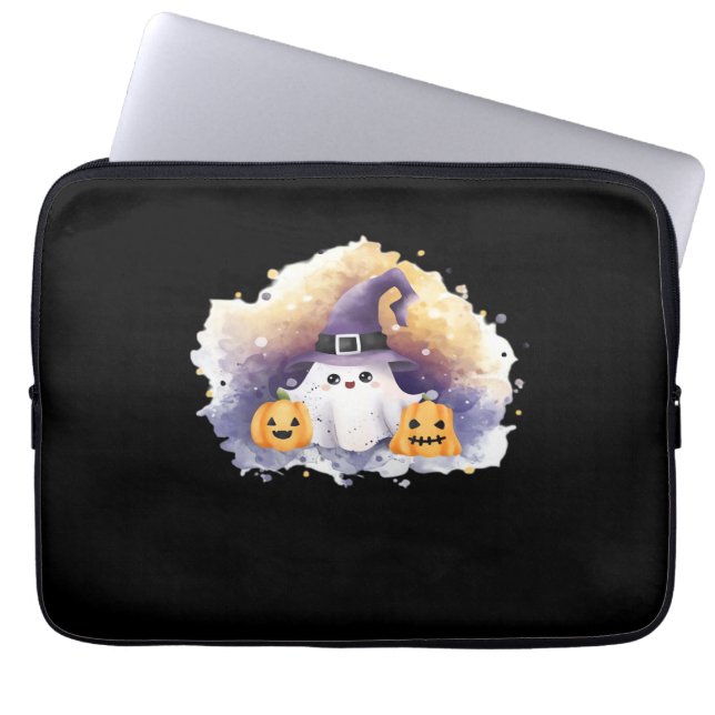 Cute Ghost Cat with Pumpkins - Kawaii Halloween Ar Laptop Fodral (Framsidan)