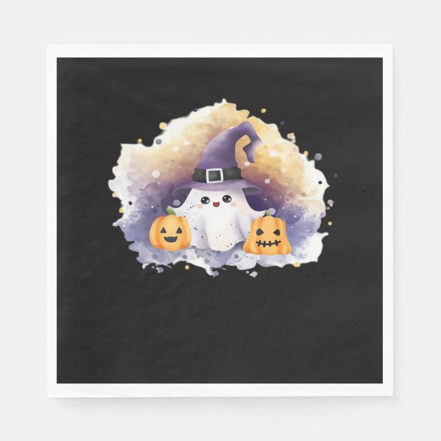 Cute Ghost Cat with Pumpkins - Kawaii Halloween Ar Pappersservett (Framsidan)