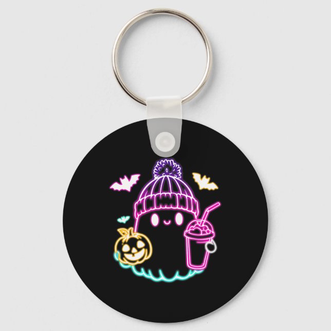 Cute Ghost Coffee Drinking Spooky Halloween Nyckelring (Framsida)