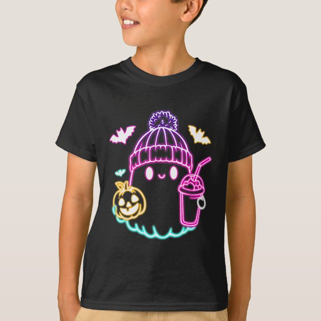 Cute Ghost Coffee Drinking Spooky Halloween T Shirt (Framsida)
