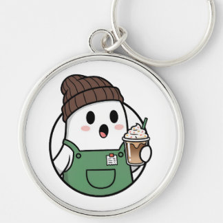 Cute Ghost Coffee Keychain Rund Silverfärgad Nyckelring