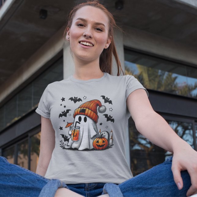 Cute Ghost Coffee Pumpkin Halloween T Shirt (Skapare uppladdad)
