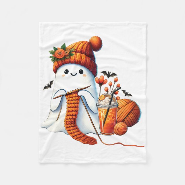Cute Ghost Crochet Knitting Älskare Halloween Kaff Fleecefilt (Framsidan)